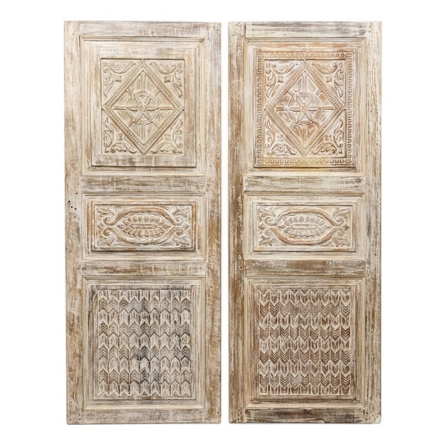 Vintage Whitewashed Carved Wood Door – Rustic Sliding Barn Door or Hinged Statement Entry Panel 80x30 For Sale