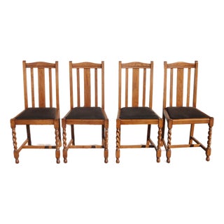 Set Four Vintage Oak Mission Style Barley Twist Oak Black Dining Room Chairs For Sale