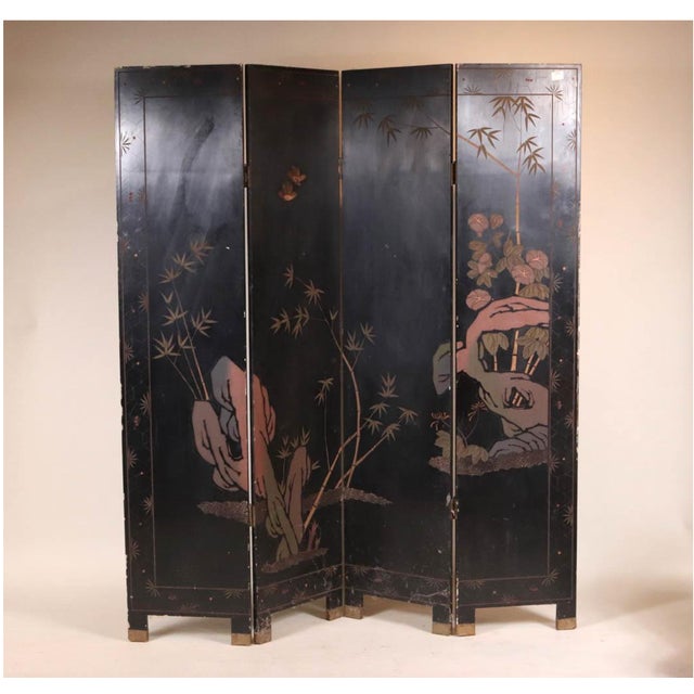 Vintage Four-Paneled Chinese Coromandel-Style Room Divider Screen For Sale - Image 4 of 13