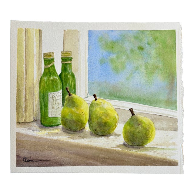 Original Watercolor Painting on Paper of “Tiny Bottles and Pears” For Sale