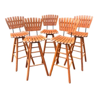 Vintage Mid Century Arthur Umanoff Style Slatted Swivel Barstools - Set of 5 For Sale