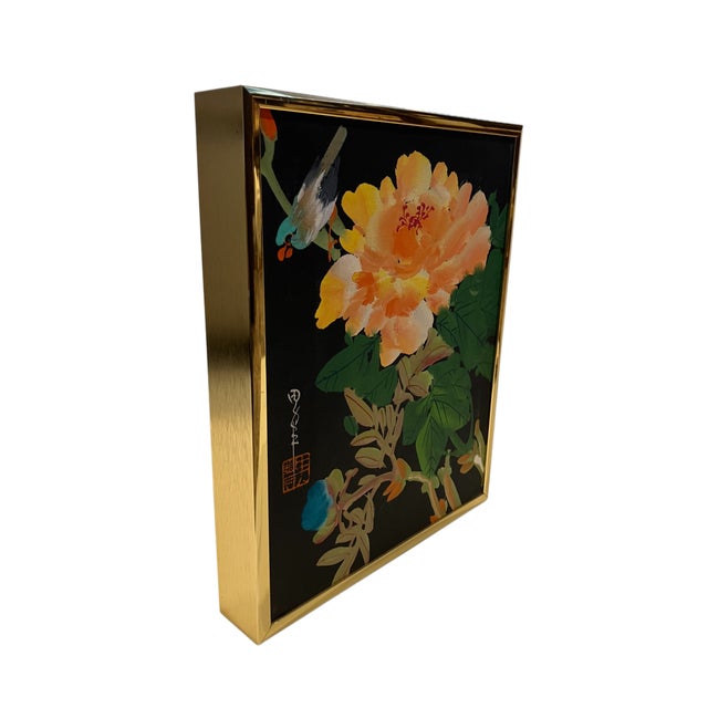 Original Traditional Chinese "Flower and Bird" Oil Painting in a Modern Brass Frame For Sale - Image 4 of 16