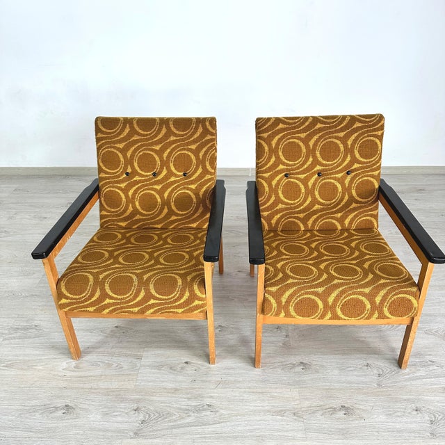 Dimensions: H 31” x W 24.5” x D 25” x SH 15.5” Pair of Vintage Scandinavian Art Deco armchairs in original brown and...