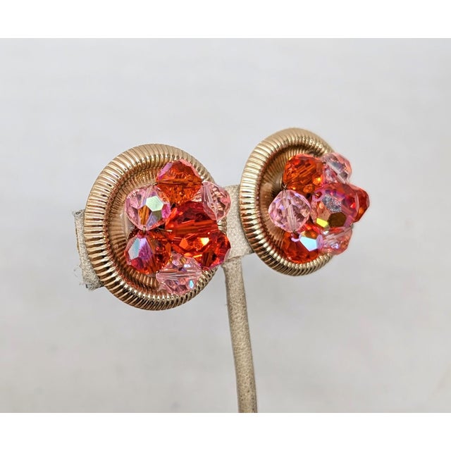 1960s Vintage Signed Napier Round Goldtone Red & Pink Beaded Clip Earrings-2 Pieces For Sale - Image 5 of 7