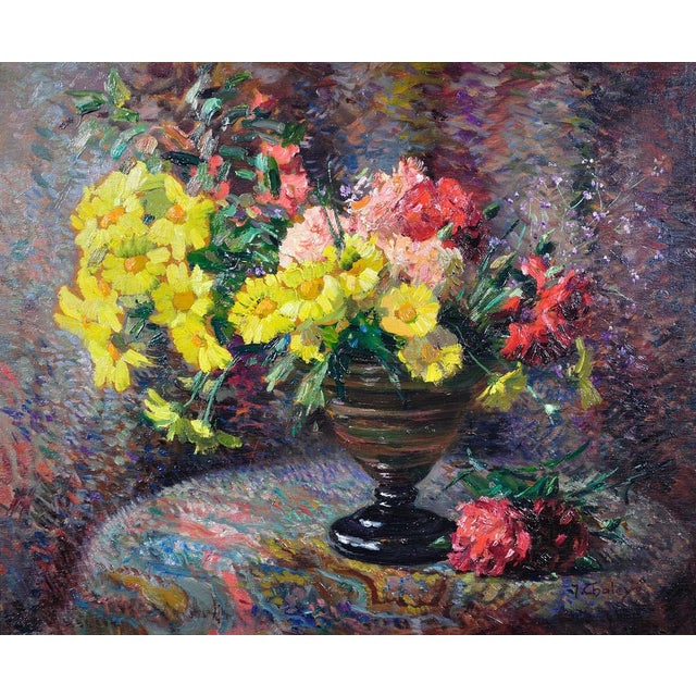 Jean Chaleye. French ( b.1878 - d.1960 ). Still Life Of Carnations & Marigolds. Oil On Board. Signed Lower Right. Image...