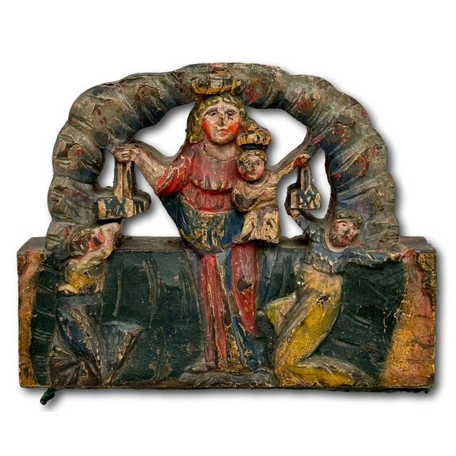 Italian Unusual Antique Italian Hand Carved & Painted Wood Madonna & Child Sicilian Donkey Cart Fragment - Weighted for Doorstop For Sale - Image 3 of 18