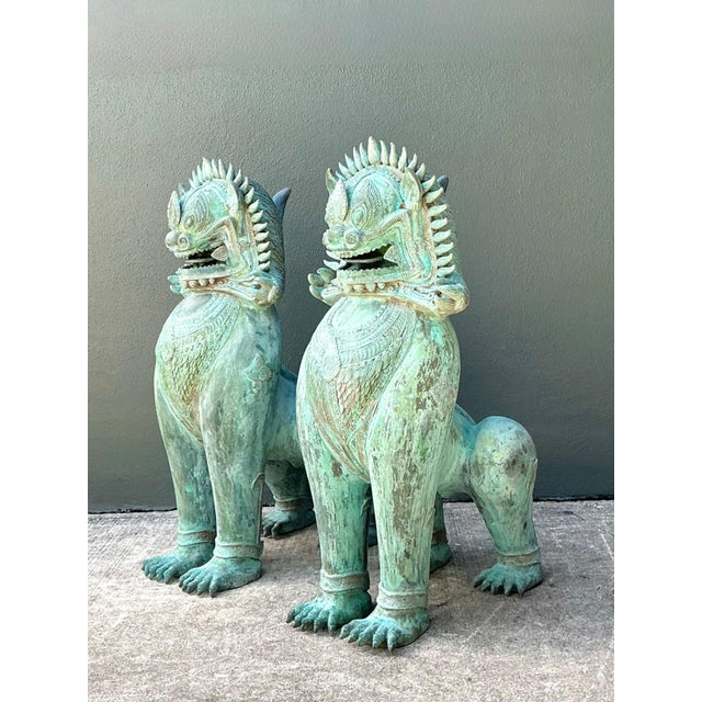 Vintage Verdigris Bronze Temple Lions - A Pair For Sale - Image 15 of 17