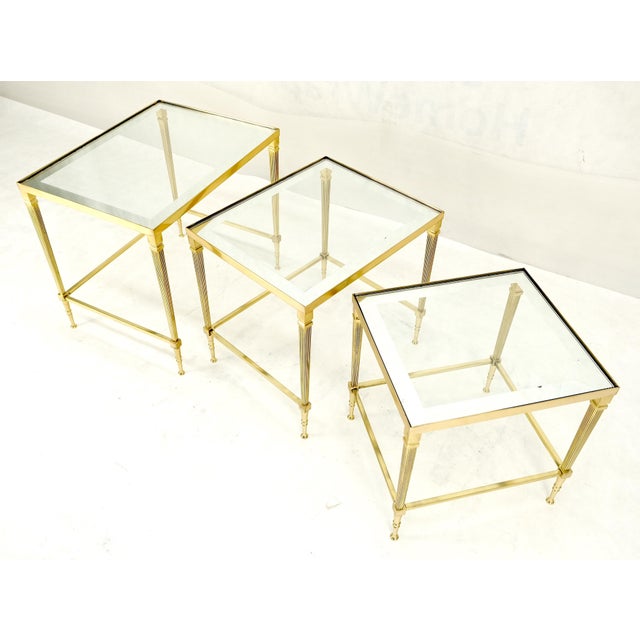 Maison Jansen Fine Polished Brass Glass Mirrored Frames Tops Nesting Side Tables Stands Redone For Sale - Image 4 of 16