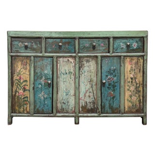 Vintage Chinese Turquoise Blue Flowers Credenza Sideboard Table Cabinet For Sale