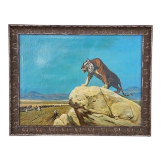 Late 20th Century Tiger on the Watch Camel Landscape Oil Painting After Jean Leon Gerome 46" For Sale