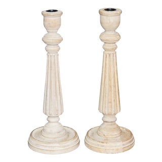 Neoclassical Carved Fluted Limed Oak Candlesticks, Set of 2 For Sale