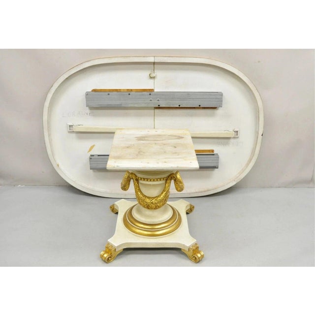 Late 20th Century Italian Regency Cream & Gold Gilt Lacquered Urn Pedestal Dining Table - 3 Leaves For Sale - Image 15 of 16
