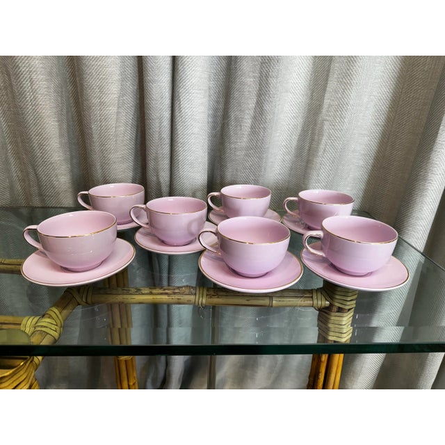 Beautiful and chic vintage Paris apartment style 1990s baby pink and gold rim tea service for seven cups & saucers. Marked...