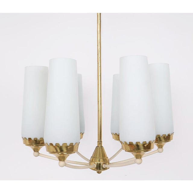 Mid-Century Modern Vintage Six-Arm Chandelier in Brass and Frosted Glass, 1960s For Sale - Image 3 of 11