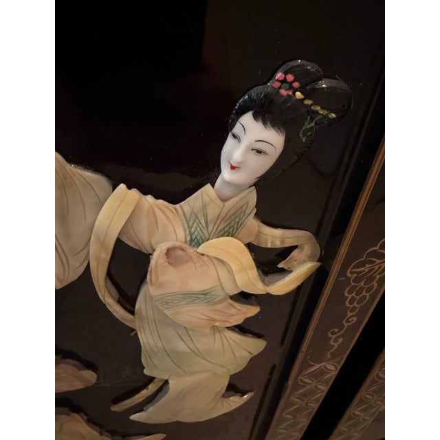 Chinoiserie Vintage Asian Chinoiserie Black Lacquer Wall Plaques Art With Mother-of-Pearl Inlay For Sale - Image 3 of 9