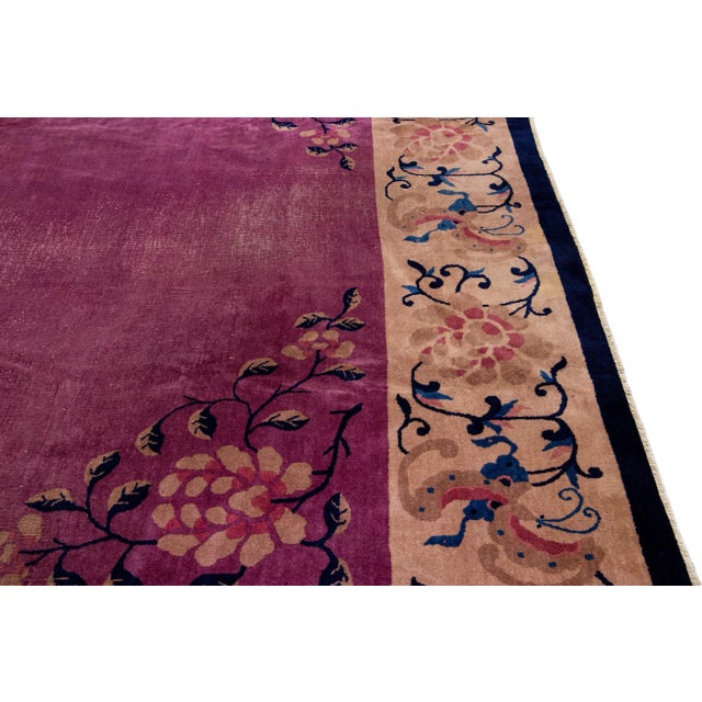 Antique Art Deco Chinese Handmade Floral Purple Wool Rug 11 Ft 11 in X 19 Ft 2 In. For Sale - Image 9 of 12