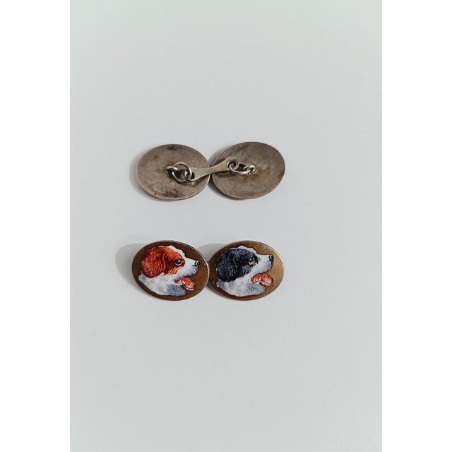 Black Art Deco Silver Cufflinks Enameled with Hunting Dogs, 1930s, Set of 2 For Sale - Image 8 of 11
