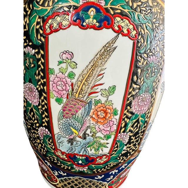 Blue Vibrant Vintage 1970s Chinese Famille Rose Medallion Floor Vase | Chinoiserie Grand Decor With Foo Dog Handles For Sale - Image 8 of 15