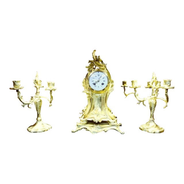 Antique French Rococo Gilded Clock and Candelabra Set 3 Pieces Chairish