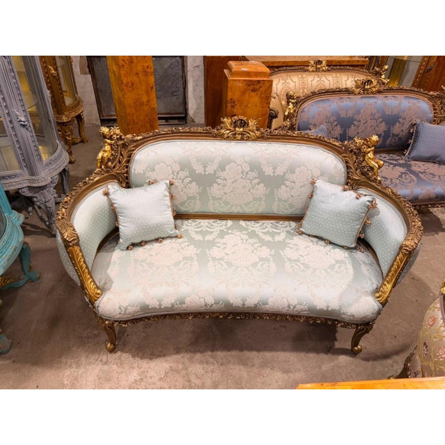 1960s Vintage Cherub Rococo Settee upholstery Aqua Blue Damask Canapa For Sale - Image 5 of 7