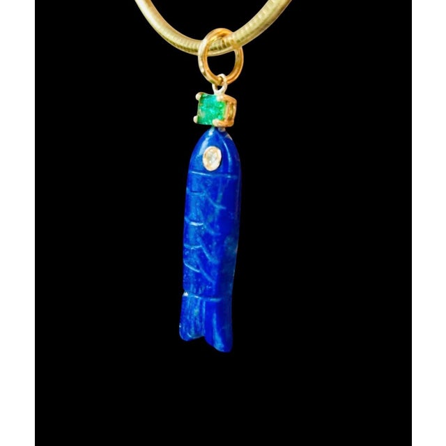Metal Perfect Poisson Lapis Pendant With Emerald, Diamond & 14k Gold For Sale - Image 7 of 11