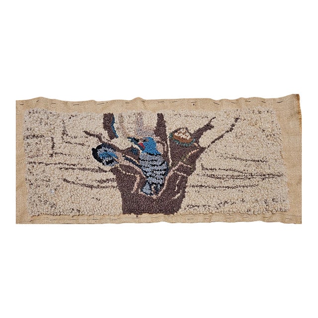 Vintage American Hand Hooked Rug, Wool & Cotton, Birds in a Tree Nest Design, 1x2 For Sale