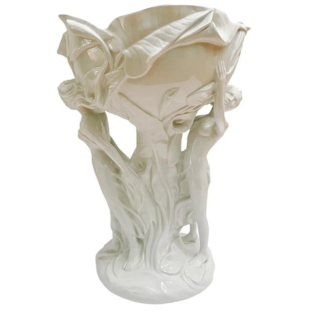 Ceramic Large Italian Art Nouveau Centerpiece Bowl With Figural & Calla Lily Motif For Sale - Image 7 of 9