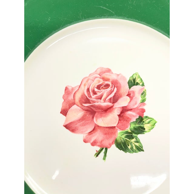 Ready to hang. Wonderful mid-century green plate for your dining nook. Pink Rose patterned. Syracuse China brand.