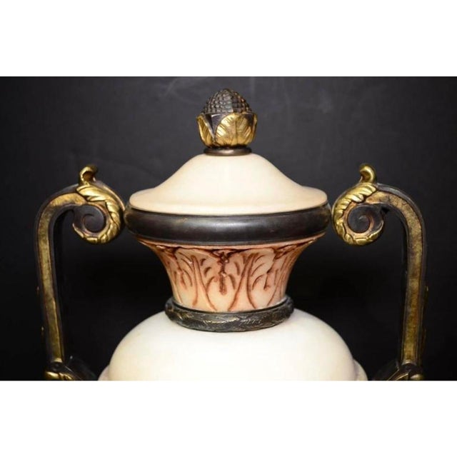 19th Century Neoclassical Pair of Carved Alabaster and Bronze Urns With Mask Face Handles For Sale - Image 4 of 6