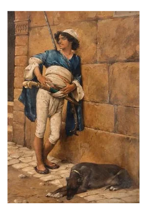 Young Arab Soldier with Dog - Oil on Board Early 20th Century Early 20th Century