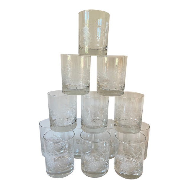 Mid-Century Etched Pine Cone Lowball Glasses- Set of 13 For Sale