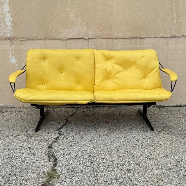 Vintage Homecrest Mid Century Modern Wire Metal Frame Sofa w/ Original Yellow Vinyl Tufted Cushions. Circa Mid 20th...