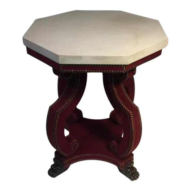 Hadrian Octagonal Table in Studded Red Velvet With Claw Feet For Sale