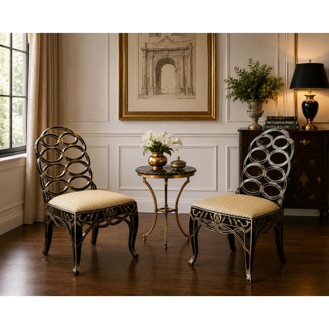This stunning pair of Century Furniture side chairs embodies timeless chinoiserie elegance with a sculptural, high-back...