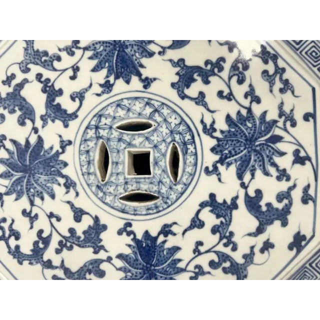Chinese Qianlong Style Porcelain Octagonal Garden Blue & White Stool, a Pair For Sale - Image 10 of 14