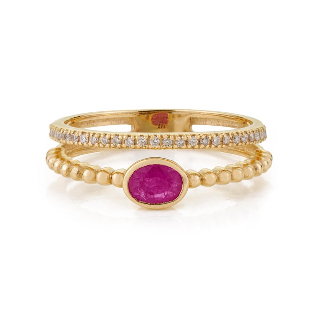 Ruby & Diamond Beaded Double Band Stacking Ring Size 5.5 Set in 14k Yellow Gold For Sale - Image 4 of 16