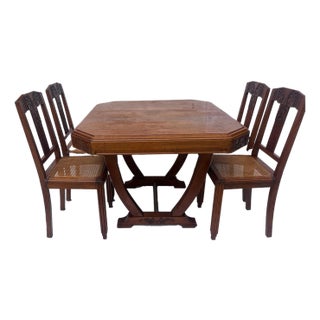 1938 Art Deco Oak Table and 5 Cane Chairs - Set of 6 For Sale