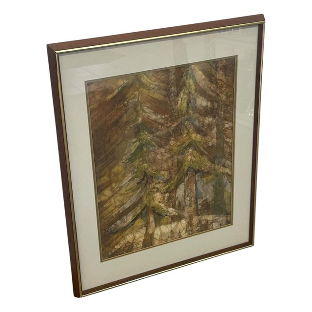 Framed batik acrylic artwork titled Forest Deep by artist Louise "Lou" Wilson. The composition depicts a dense forest...