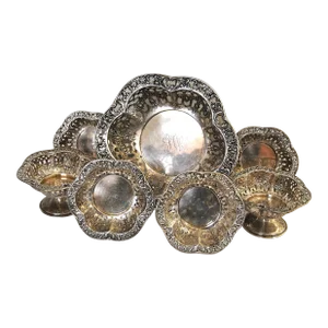 Early 1900s Edwardian Sterling Silver Epergne Centerpiece Filigree Dishes Baskets- Set of 7