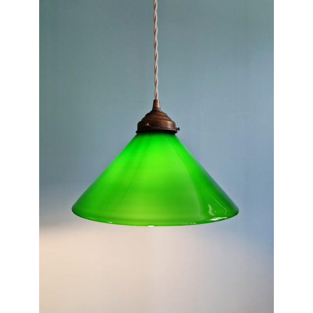 Art Deco Conical Green Opaline Glass Pendant Lights, Set of 2 For Sale - Image 6 of 14