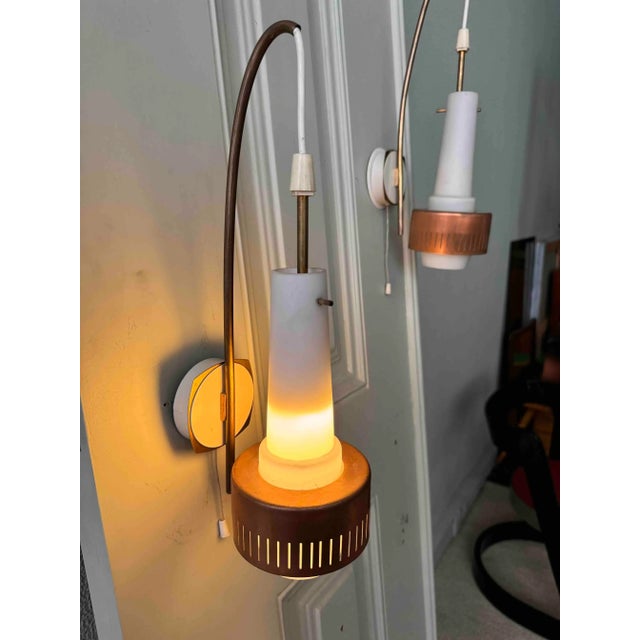 Mid-Century Modern Scandinavian Sconces in Brass and Opaline Glass, 1950s, Set of 2 For Sale - Image 6 of 10