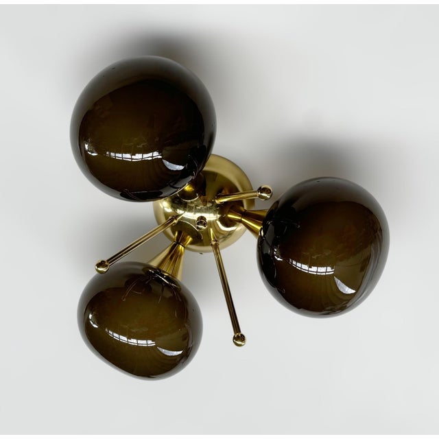 Italian flush mount with 3 frosted smoky pebble shaped Murano glass shades mounted on solid brass frame in lacquered...