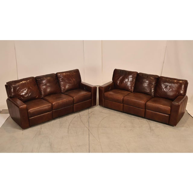 High Quality Pair of Italian Brown Leather Three-Seat Sofas, Each with Two Power Reclining Seats and Wide Track Arms