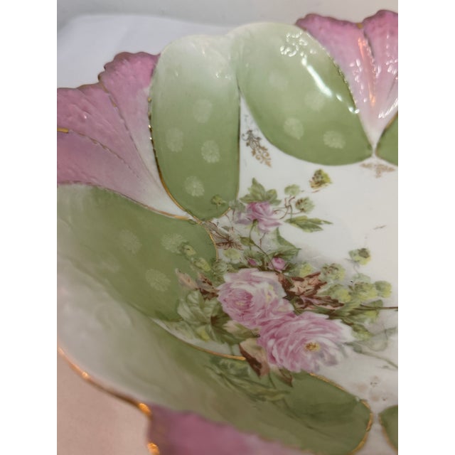 Ceramic Floral Porcelain Scalloped Bowl With Pink & Green Petal Design and Gold Gilt Trim For Sale - Image 7 of 7