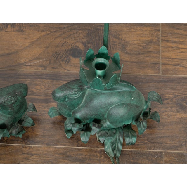 Mid-Century Modern Pair of Vintage American Midcentury Iron Rabbit Candle Holders with Green Patina For Sale - Image 3 of 11