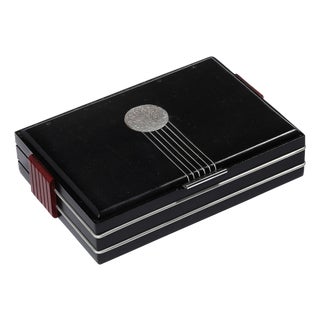 Art Deco Machine Age Aluminum Silvered Crest Lacquered Box W/ Bakelite Handles For Sale
