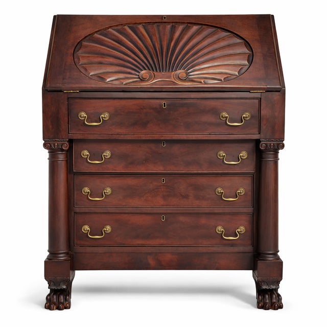 Amazing American Empire figured mahogany drop front desk. It is an earlier example of this style showcasing columns and...