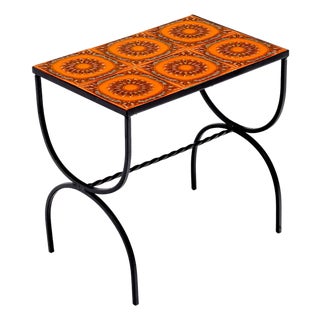 French Mid-Century Orange Ceramic Tile and Wrought Iron Side Table From Vallauris For Sale
