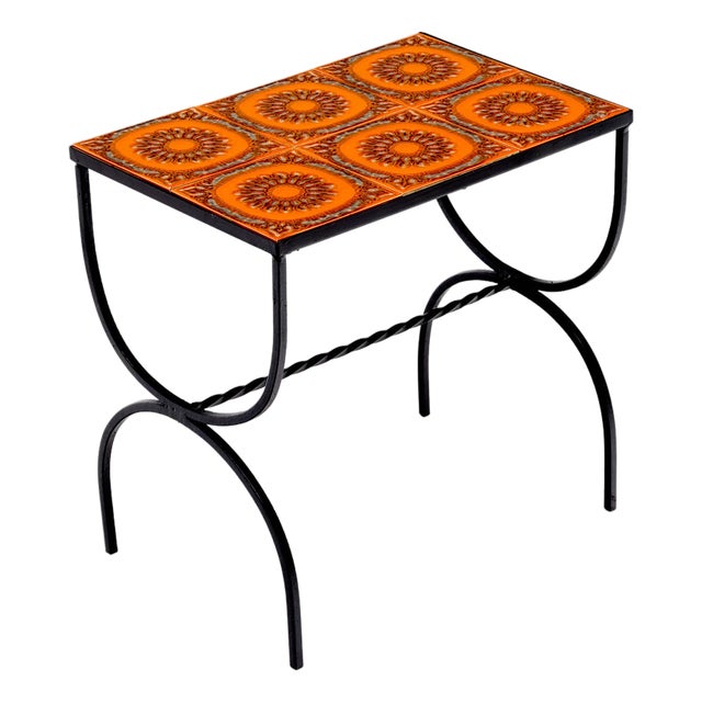 French Mid-Century Orange Ceramic Tile and Wrought Iron Side Table From Vallauris For Sale