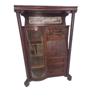 Antique American Empire Curio Bookcase Secretary Locking China Cabinet Tiger Oak